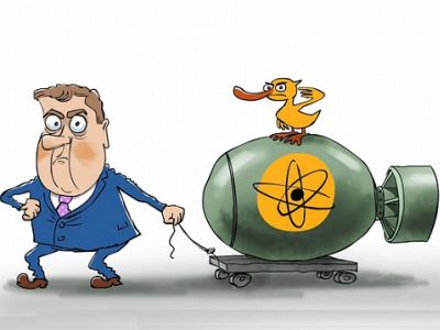 Медведев и бомба. Карикатура: dw.com